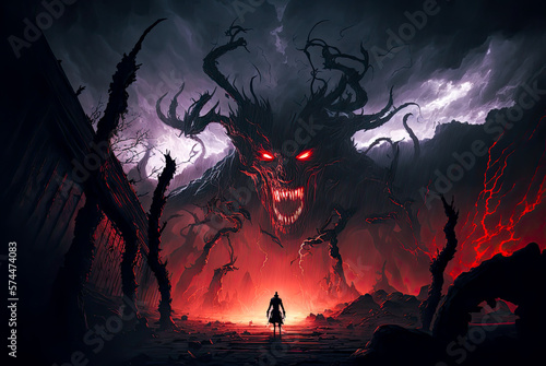 Fotografie Hell landscape, giant demon. Generative AI
