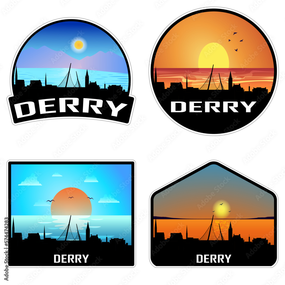Derry Northern Ireland Skyline Silhouette Retro Vintage Sunset Derry Lover Travel Souvenir Sticker Vector Illustration SVG EPS AI