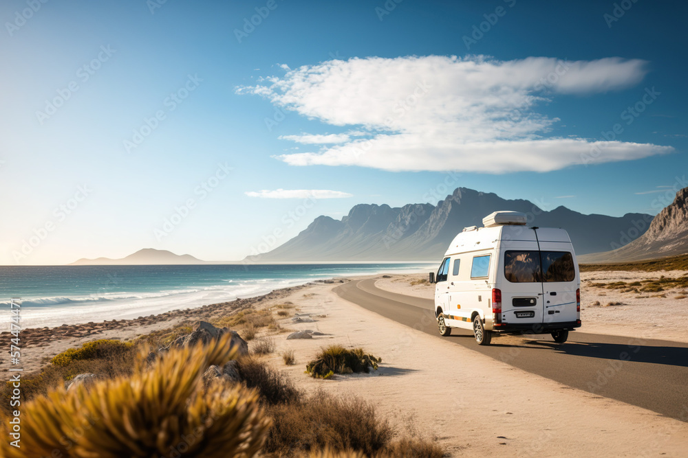 Van life concept. Driving by the beach under the sunlight on a beautiful day. Generative AI Van life concept. Driving by the beach under the sunlight on a beautiful day. Generative AI