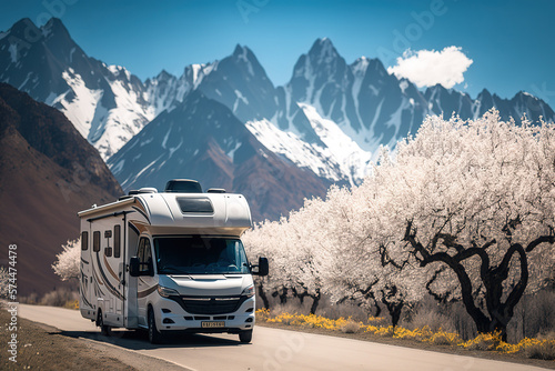 Foto Luxury motorhome in the road surrounded by cherry blossom trees and big beautiful mountains