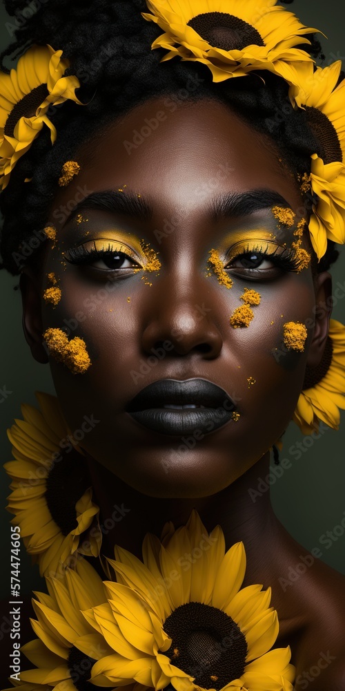 Portrait of young African American woman face with amazing make up surrounded by sunflowers. Generative AI Vertical