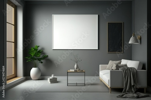 Living room minimal interior design with empty canvas with frame in the middle. Generative AI