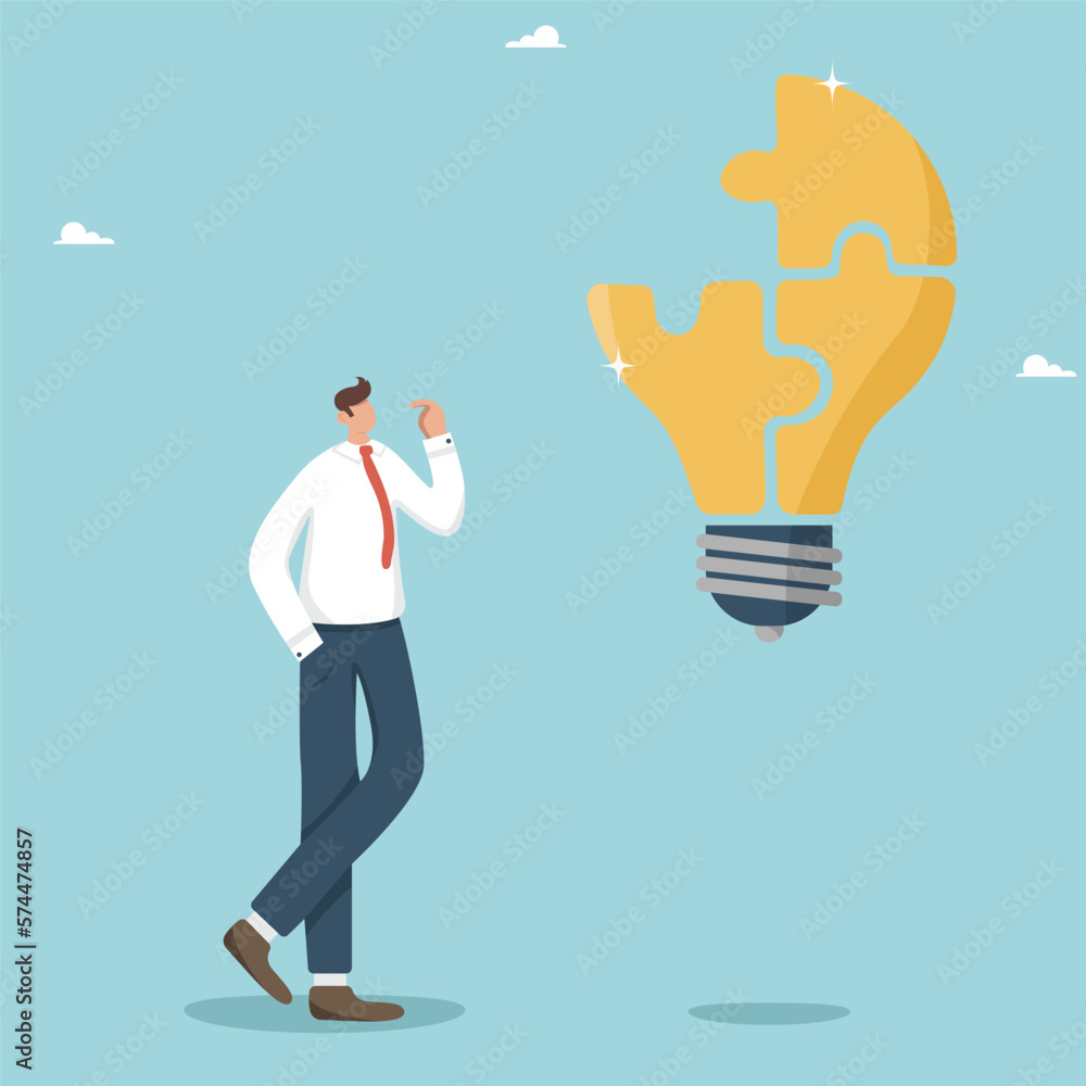 Solve problems, find a solution to overcome difficulties, brainstorming, find an idea, creativity to solve a problem, smart businessman solving light bulb puzzle without a single piece. Solve problems, find a solution to overcome difficulties, brainstorming, find an idea, creativity to solve a problem, smart businessman solving light bulb puzzle without a single piece.