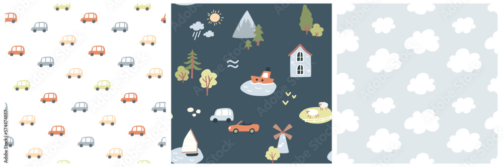 Fototapeta premium Vector colorful seamless baby pattern, print with country side, mill, mountain, cars cartoon for children, kids clothes, wear, apparel
