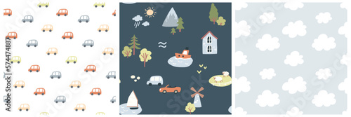 Vector colorful seamless baby pattern, print with country side, mill, mountain, cars cartoon for children, kids clothes, wear, apparel