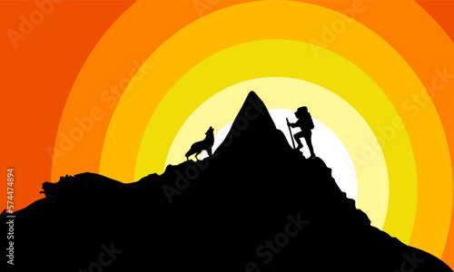 silhouette of a person and a wolf in the top of mountain.