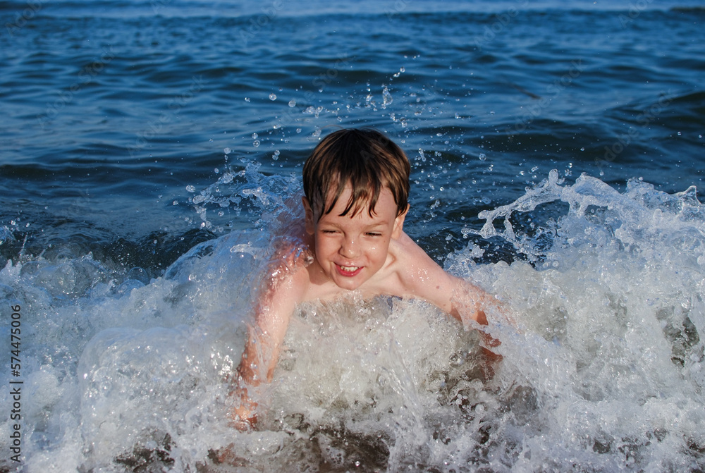swim, learn to swim, child laughs, waves, splashes, ocean, danger on water