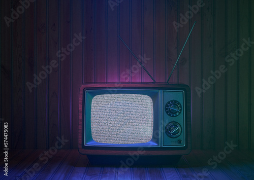 Wood Grain Cabinet Vintage TV Set Night Time Atmosphere on Wood Panel Set Still Life 