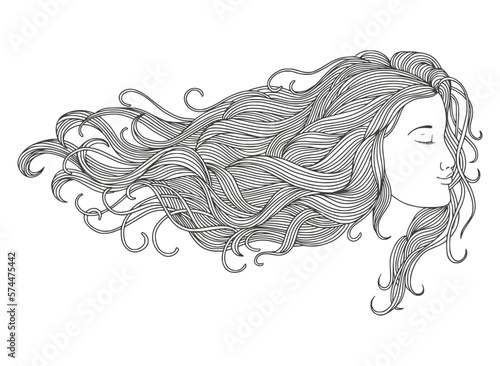 	
Beauty Salon: Portrait of pretty young woman in profile view with long beautiful hair. Vector illustration