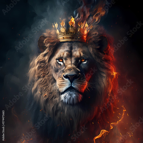 portrait of a brave lion with big hair and crown  