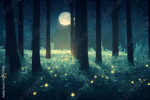 Obraz na plátně forest on a moonlit night, Generative AI