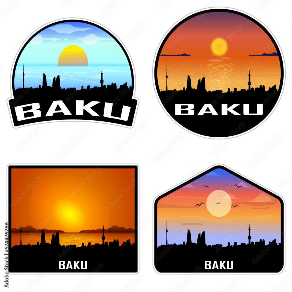 Baku Azerbaijan Skyline Silhouette Retro Vintage Sunset Baku Lover Travel Souvenir Sticker Vector Illustration SVG EPS AI