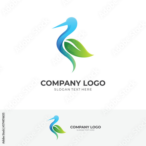 nature stork logo template, bird and leaf logo combination with 3d blue and green color style