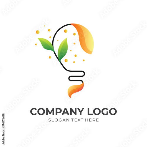 think nature logo concept, bulb and leaf logo combination with 3d green and yellow color style