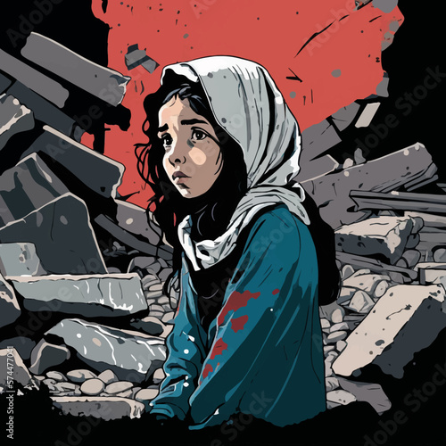 In the illustration and vector style, a little girl is sitting alone and helpless amidst the debris. The pieces of the building continue to fall from above. Bloodstains on the girl. Earthquake.