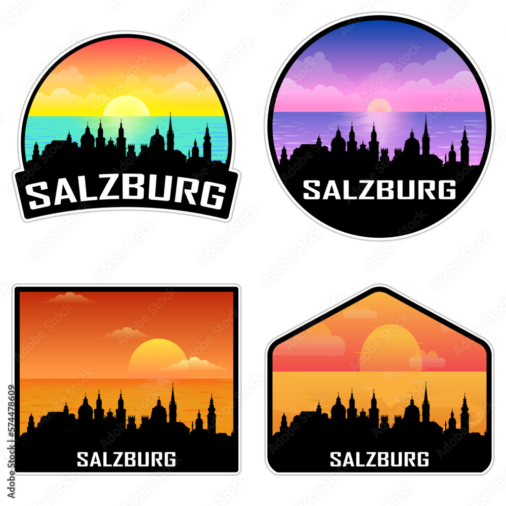 Salzburg Austria Skyline Silhouette Retro Vintage Sunset Salzburg Lover Travel Souvenir Sticker Vector Illustration SVG EPS AI