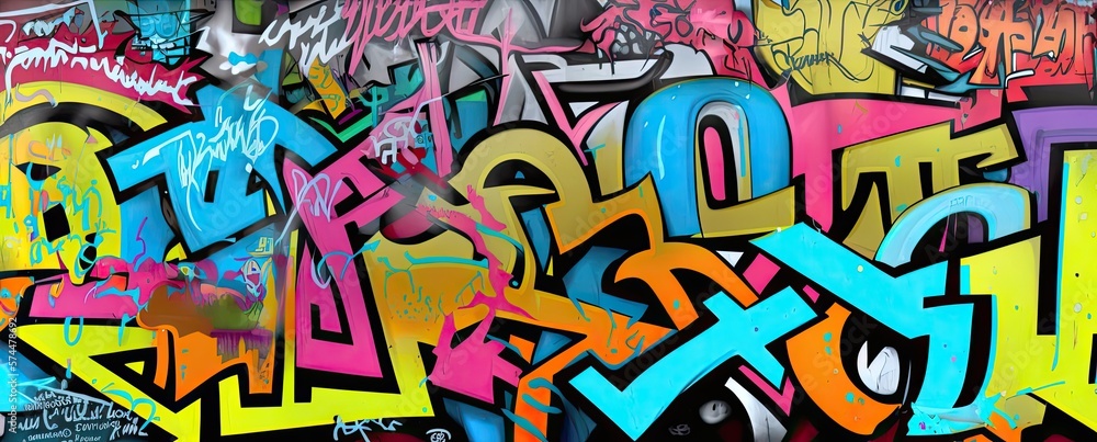 Vibrant colors come alive in this street art mural, expressing the artists creativity through a mix of text and graffiti. Full Frame, Generative AI Vibrant colors come alive in this street art mural, expressing the artists creativity through a mix of text and graffiti. Full Frame, Generative AI