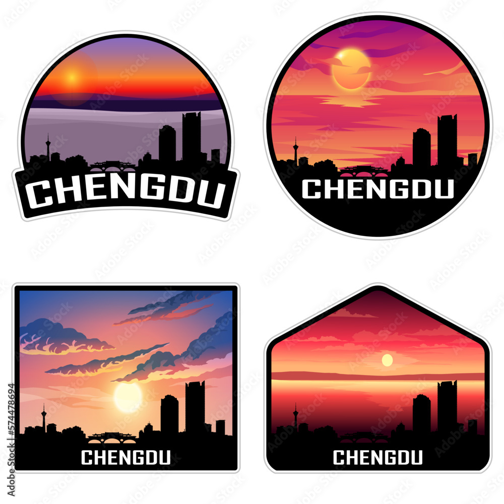 Chengdu China Skyline Silhouette Retro Vintage Sunset Chengdu Lover Travel Souvenir Sticker Vector Illustration SVG EPS AI