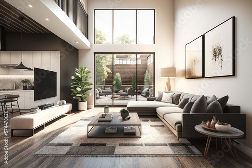 Modern 3d render of a contemporary living room interior Generative AI © ChaoticMind