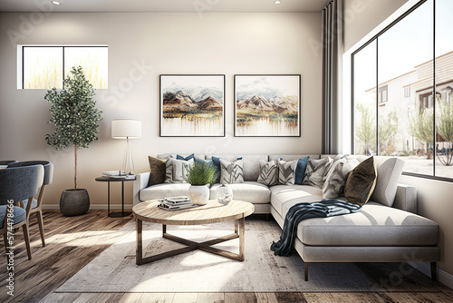 Modern 3d render of a contemporary living room interior Generative AI