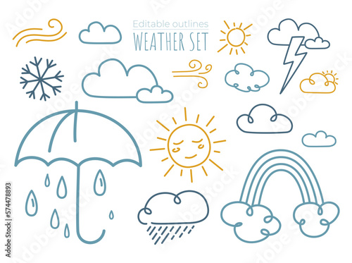 Vector set of many hand drawn weather icons in sloppy style. Editable outline. Lots of funny nature signs with no fill. Creative linear element for advertising banner layout design, kids textile print