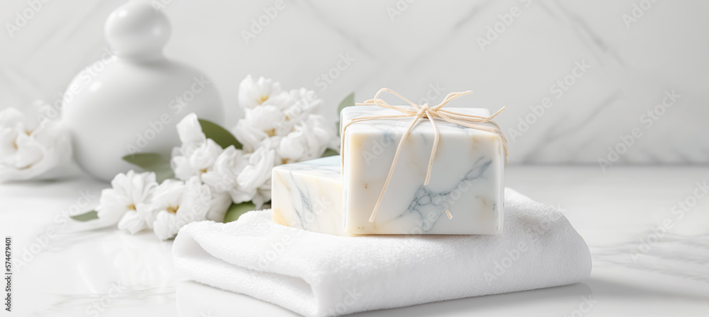 Soap, towel in bathroom, on blurred spa background. with copy space. digital ai art Soap, towel in bathroom, on blurred spa background. with copy space. digital ai art