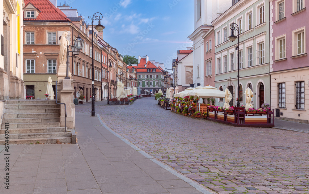 Warsaw. Old street in the center of the old city in the early morning.