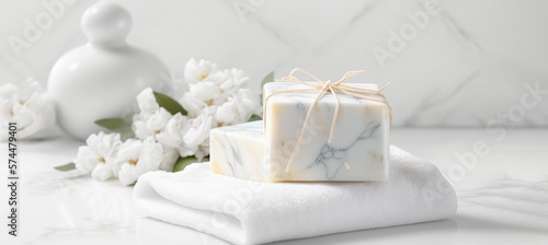 Soap, towel in bathroom, on blurred spa background. with copy space. digital ai art