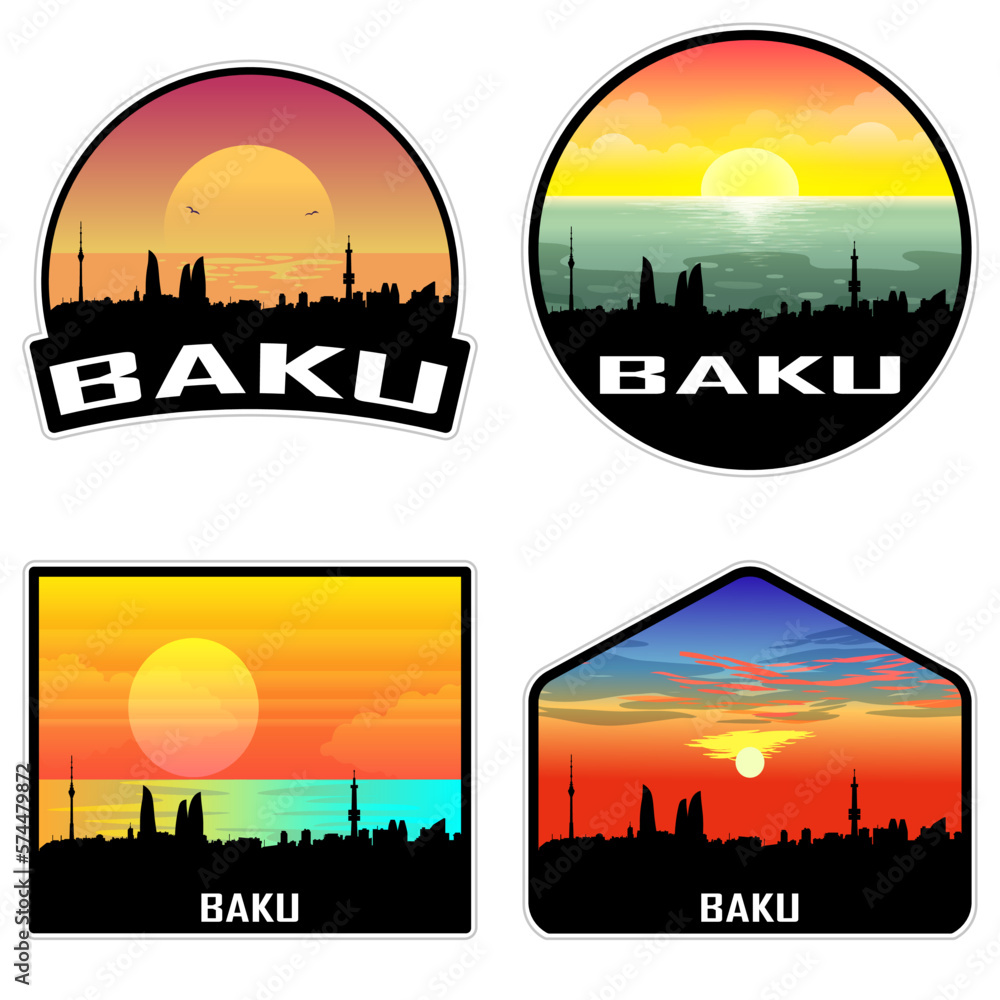 Baku Azerbaijan Skyline Silhouette Retro Vintage Sunset Baku Lover Travel Souvenir Sticker Vector Illustration SVG EPS AI