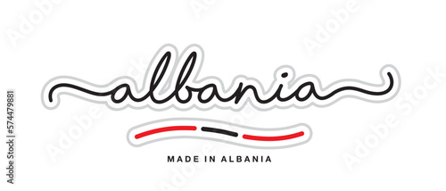 Made in Albania, new modern handwritten typography calligraphic logo sticker, abstract Albania flag ribbon banner