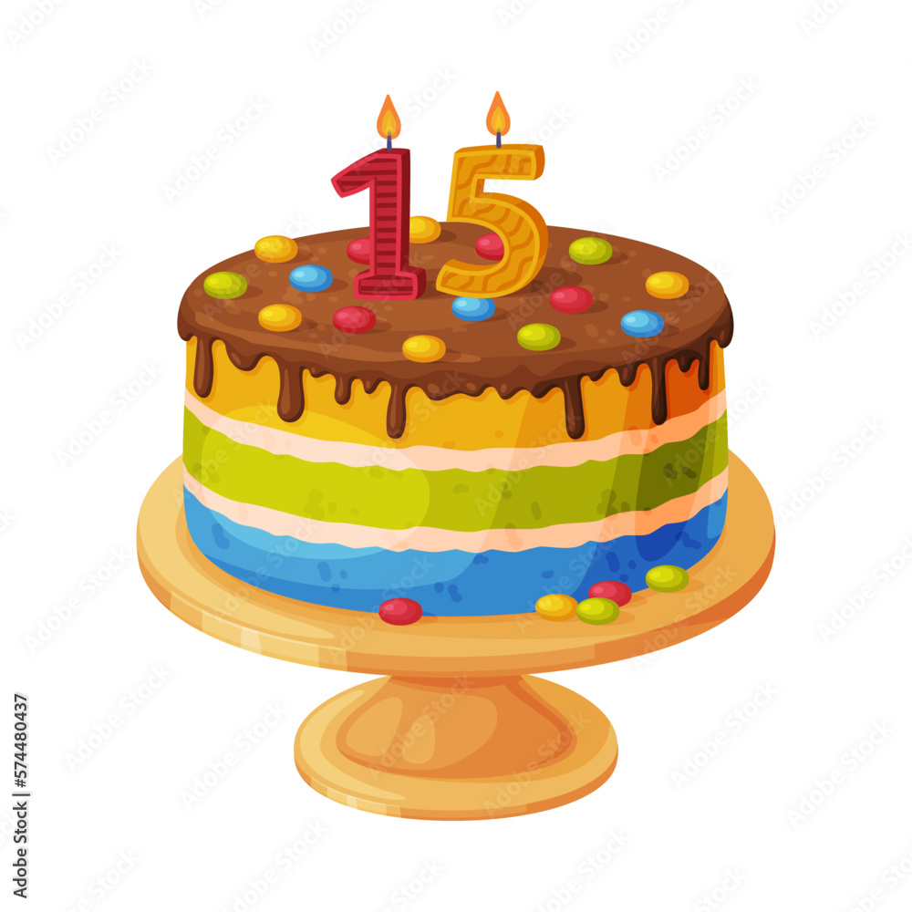 Candle on birthday cake with 15 number age. Festive dessert burning number shaped candle cartoon