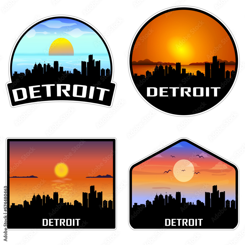 Detroit Michigan USA Skyline Silhouette Retro Vintage Sunset Detroit Lover Travel Souvenir Sticker Vector Illustration SVG EPS AI