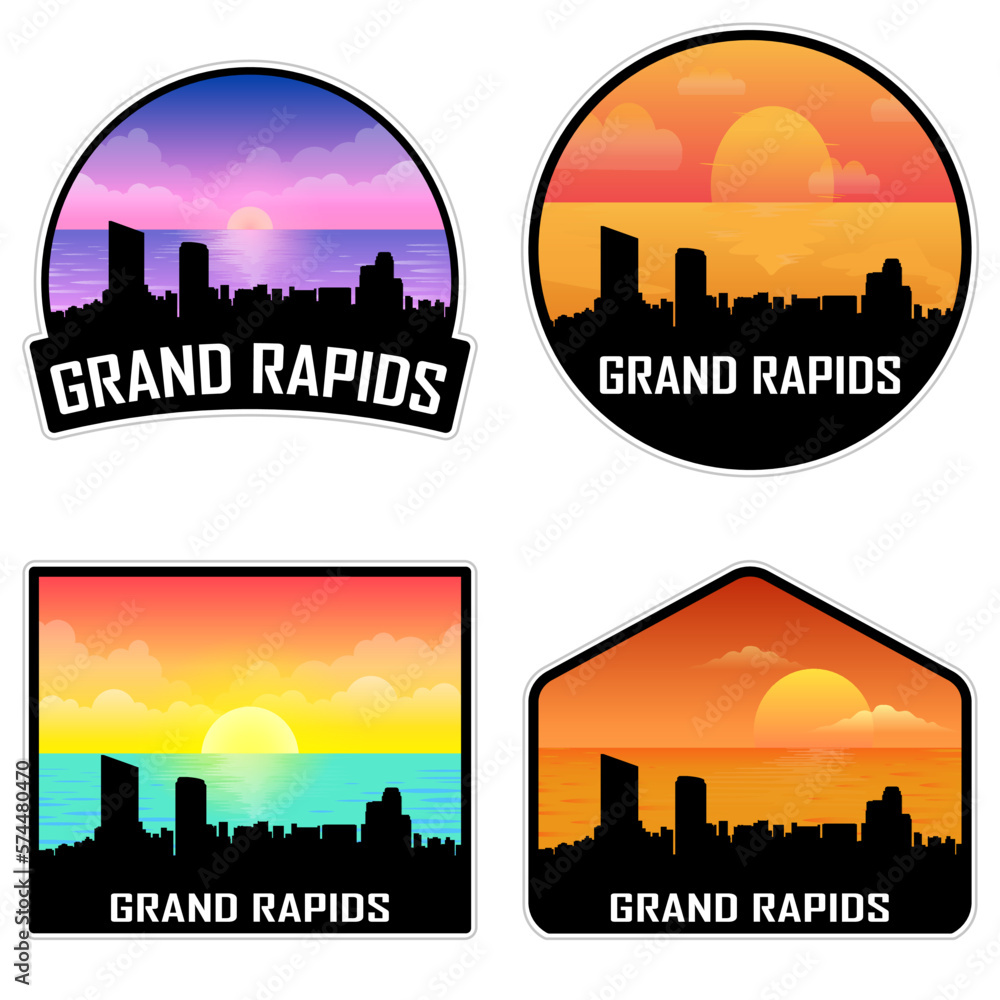 Grand Rapids Michigan USA Skyline Silhouette Retro Vintage Sunset Grand Rapids Lover Travel Souvenir Sticker Vector Illustration SVG EPS AI
