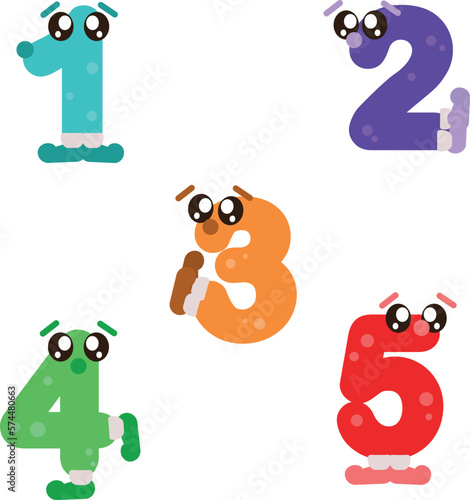 Vector animated cute cartoon numbers from one to five