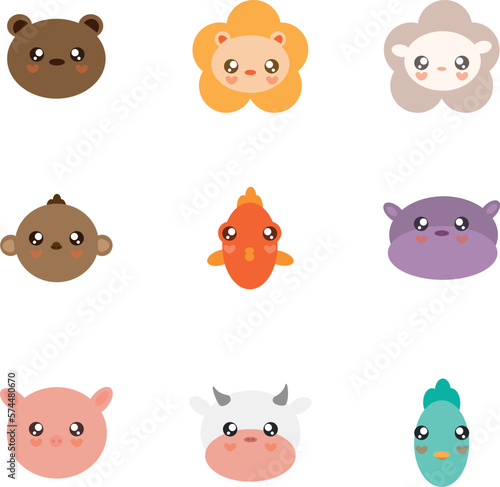 Fototapeta Naklejka Na Ścianę i Meble -  Vector cute vector animals, lion, monkey, cow, pig, fish, sheep, hippo and pigeon