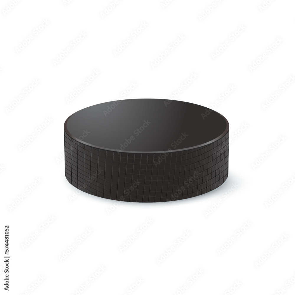 Vector black rubber puck for play ice hockey isolated on white background. Hard round disk, sport equipment, inventory for winter team game on skating rink Vector black rubber puck for play ice hockey isolated on white background. Hard round disk, sport equipment, inventory for winter team game on skating rink