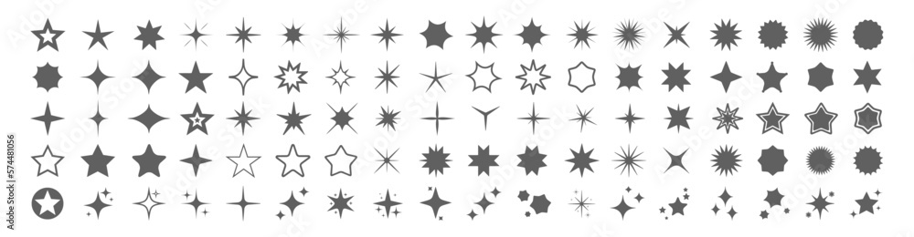 Star icons vector set. Different black sparkles. Twinkling stars, shining burst. Christmas vector symbols isolated on white background Star icons vector set. Different black sparkles. Twinkling stars, shining burst. Christmas vector symbols isolated on white background