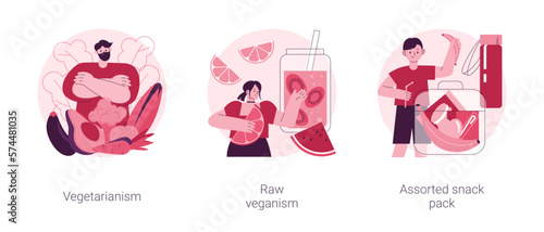 Organic food diet abstract concept vector illustration set. Vegetarianism and raw veganism, assorted snack pack, body detox, healthy nutrition, green salad, sate hunger, food abstract metaphor.