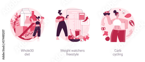 Eating habits abstract concept vector illustration set. Whole30 diet, weight watchers freestyle, carb cycling, fresh vegetable, dietary dish, online nutrition program, balanced meal abstract metaphor.
