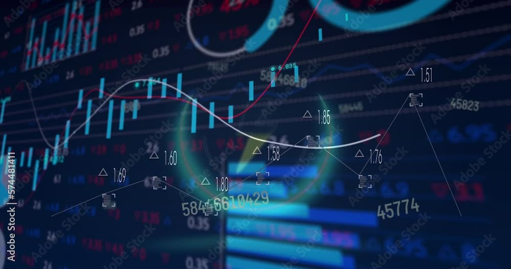Animation of thunderbolt icon over stock market data processing against blue background Animation of thunderbolt icon over stock market data processing against blue background