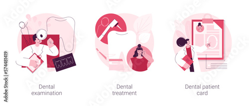 Dental care service abstract concept vector illustration set. Dental examination and treatment, patient card, visit a dentist, toothache emergency help, orthodontic procedure abstract metaphor.