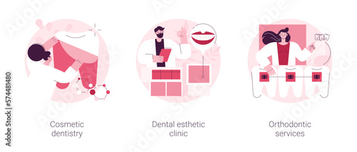 Smile treatment abstract concept vector illustration set. Cosmetic dentistry, dental esthetic clinic, orthodontic services, teeth whitening, braces and brackets, medical center abstract metaphor.