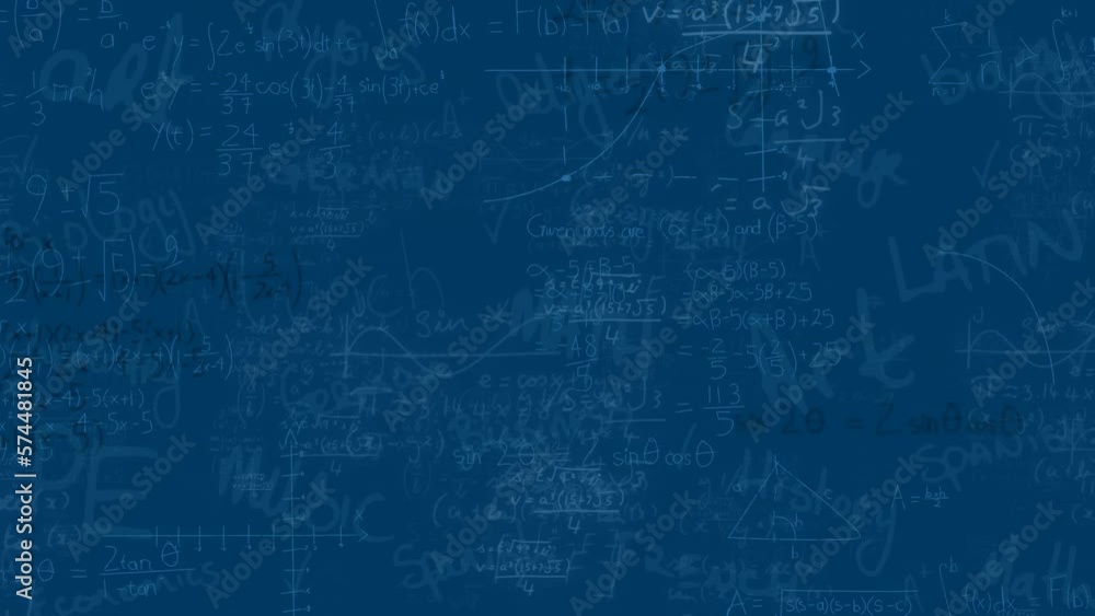 Animation of light spots over mathematical equations and school concept texts on blue background Animation of light spots over mathematical equations and school concept texts on blue background