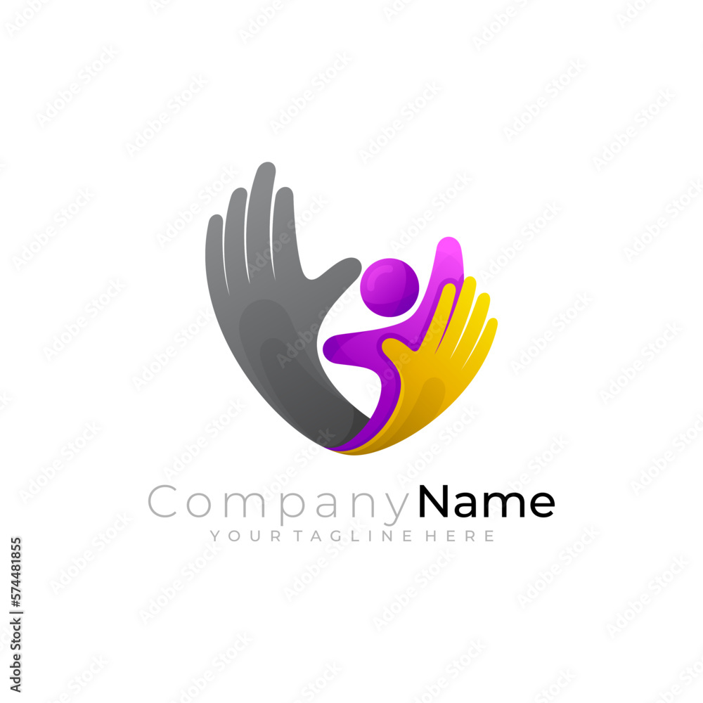 Hand care logo and charity design vector, social icon