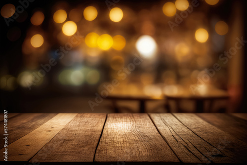 Empty wooden table with bokeh lights in the background. Generative AI. banner, background, wallpaper, packaging © Iaroslava