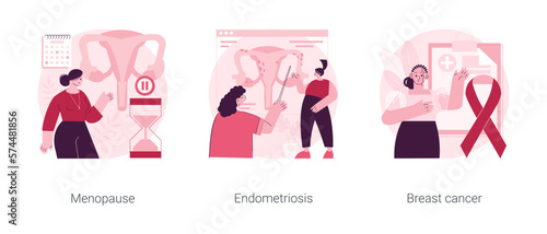 Female health issues abstract concept vector illustration set. Menopause and endometriosis, breast cancer prevention and diagnostics, hormonal change, women climax, mammogram abstract metaphor.