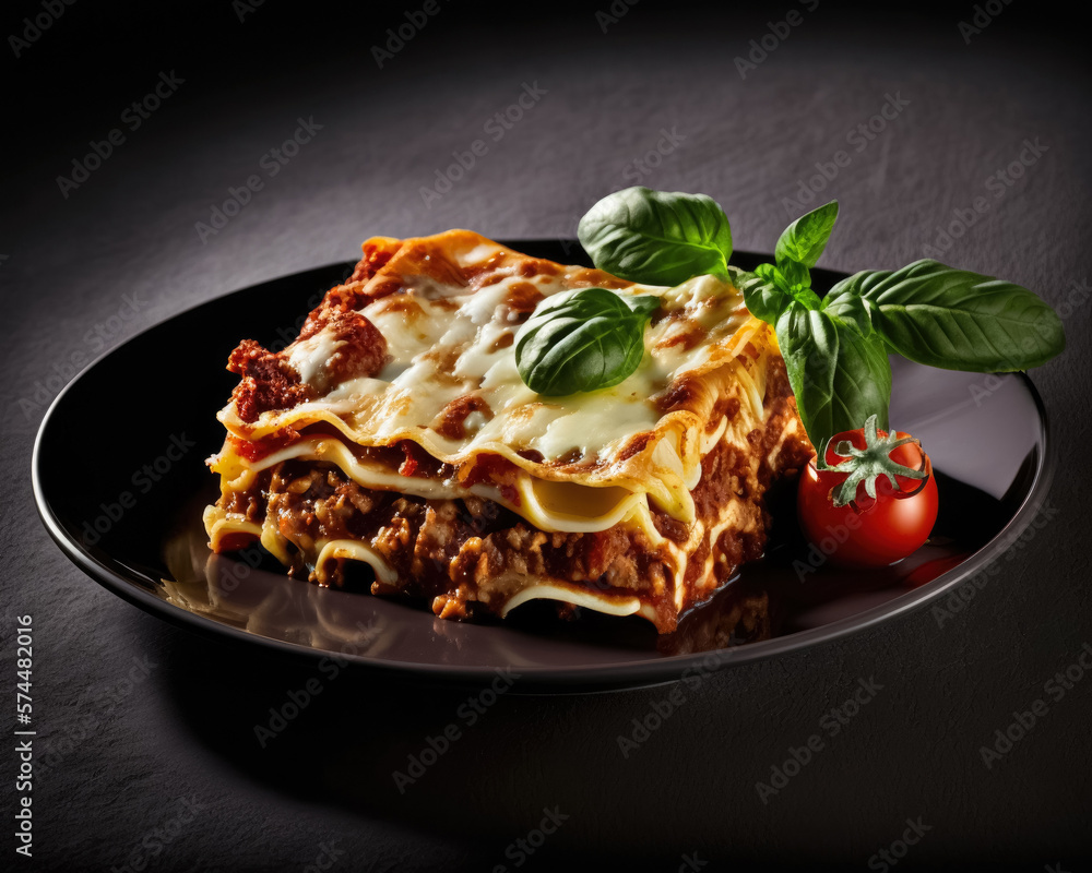 Fototapeta premium Lasagna on a plate with tomato and basil. Generative AI.