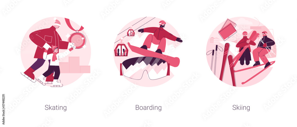 Winter sports abstract concept vector illustration set. Skating, boarding and skiing, outdoor ice rink, snowboard mountain slope, holiday resort, extreme sports, freestyle rider abstract metaphor. Winter sports abstract concept vector illustration set. Skating, boarding and skiing, outdoor ice rink, snowboard mountain slope, holiday resort, extreme sports, freestyle rider abstract metaphor.