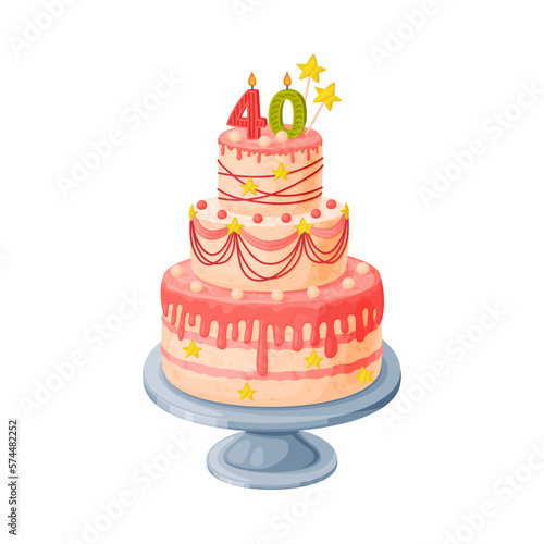 Candle on birthday cake with 40 number age. Festive dessert burning number shaped candle cartoon vector illustration