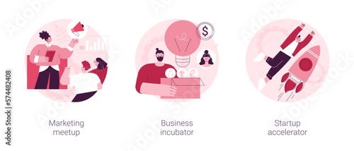 Venture investment abstract concept vector illustration set. Marketing meetup, business incubator, startup accelerator, sharing experience, business internet forum, opportunity abstract metaphor.